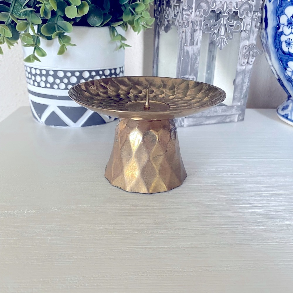 Vintage Solid Brass Candle Pillar Holder for Large Candle Hammered Texture IHI